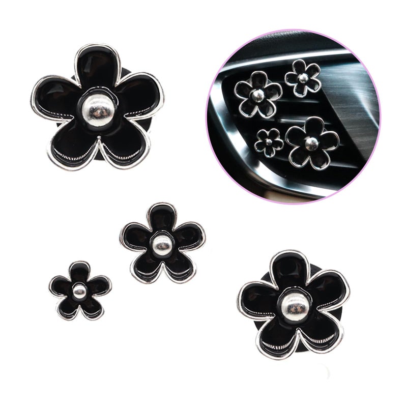 ORIESSE 4pcs Cute Daisy Flowers Car Air Freshener Vent Clips Girly Flowers Car Accessories for Women 4 Sizes Sparkle Black Silver Flower Car Vent Clips Refillable Clips On Car Diffuser - Image 1